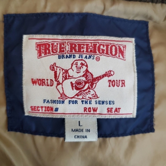 True Religion Navy & Brown Sz Large Cropped Puffer Jacket Coat - Picture 8 of 8